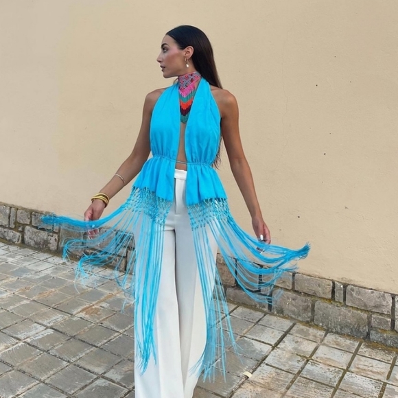 Zara Tops - Zara Fringe Halter Top Ibiza Festival Resort Beach Top Blue Size S
